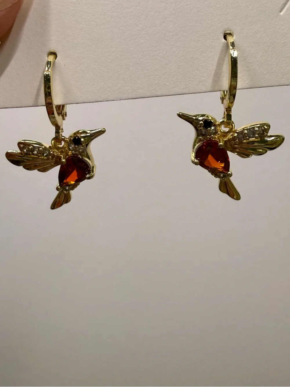 18k GP Hummingbird Earrings with Amber CZ Stones